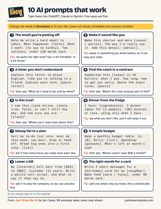 The free cheat sheet: 10 AI prompts that work, on one page