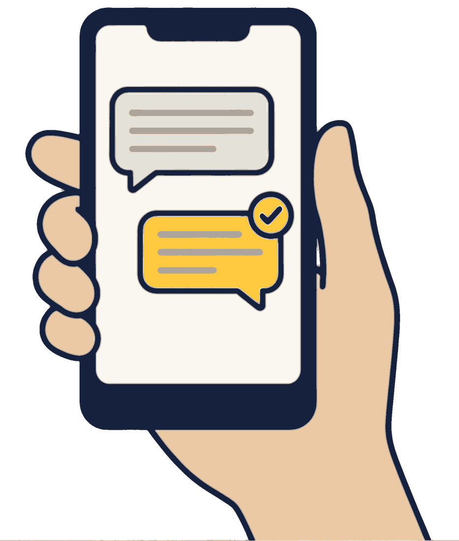 A hand holding a phone, with a question sent to the AI and a checked reply coming back